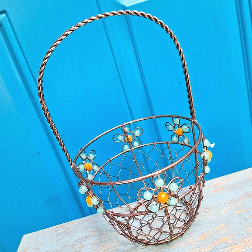 Metal Easter Basket Woven Silver Floral Beaded Flowers Boho Gifts Container